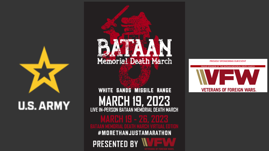 Bataan Death March flyer, with the Army Logo on the left and the VFW logo on the right